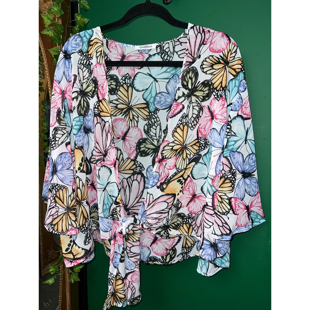 Butterfly Print Tie Front Kimono Top Lightweight Multicolor V-Neck Plus 2XL